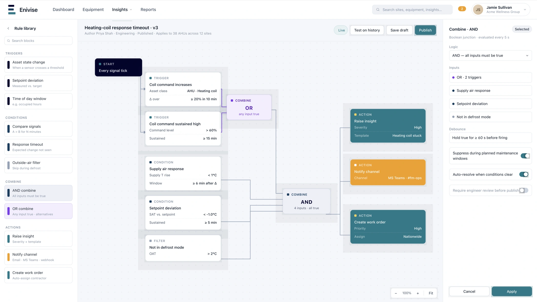 Enivise engineering rule builder showing a transparent, connected fault detection workflow.